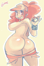 Rule 34 | 1girl, ass, blush, breasts, creatures (company), game freak, gerph, hilda (pokemon), huge ass, large breasts, long hair, looking at viewer, looking back, nintendo, nipples, nude, poke ball, pokemon, pokemon bw, ponytail, shorts, smile