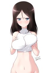 Rule 34 | 1girl, artist name, bare shoulders, black hair, blue eyes, blush, grabbing another&#039;s breast, breasts, closed mouth, covered erect nipples, dated, girls und panzer, grabbing, grabbing own breast, groin, highres, kuzuryuu kennosuke, large breasts, long hair, looking at viewer, navel, nonna (girls und panzer), shiny skin, simple background, solo, upper body, white background