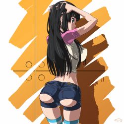 Rule 34 | 1girl, adjusting hair, akiyama mio, arms up, ass, ass cutout, ass hanging out, back, black hair, breasts, clothing cutout, covered erect nipples, crop top, denim, denim shorts, female focus, fingernails, from behind, hand on own head, hands on own head, highres, hime cut, holding, holding own hair, impossible clothes, impossible shirt, impossible shorts, k-on!, large breasts, long fingernails, long hair, looking back, purple eyes, raglan sleeves, shadow, shirt, short shorts, shorts, sideboob, solo, standing, striped clothes, striped thighhighs, suna (sandworks), t-shirt, thighhighs, torn clothes