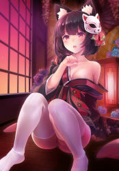 Rule 34 | 1girl, animal ear fluff, animal ears, azur lane, black hair, black kimono, blush, breasts, brown hair, cat ears, commentary request, fang, flower, indoors, japanese clothes, kimono, knees together feet apart, knees up, long sleeves, looking at viewer, mask, mask on head, medium breasts, misashi (raichi821), mismatched eyebrows, no bra, off shoulder, on floor, open mouth, red eyes, revision, short hair, sitting, solo, tatami, thighhighs, white thighhighs, wide sleeves, yamashiro (azur lane)