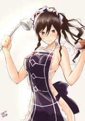 Rule 34 | 1girl, adapted costume, alternate hairstyle, apron, ashigara (kancolle), blush, breasts, brown eyes, brown hair, collarbone, cooking, food, hair between eyes, hazuki futahi, holding, holding plate, kantai collection, ladle, large breasts, long hair, looking at viewer, naked apron, plate, ponytail, purple apron, sideboob, sidelocks, simple background, smile, solo, upper body, white background
