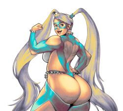 Rule 34 | 1girl, ass, back cutout, blonde hair, blue leotard, breasts, clothing cutout, domino mask, elbow cutout, flexing, hair pulled back, hand on own hip, heart cutout, huge ass, large breasts, leotard, long hair, looking at viewer, looking back, mask, mourilo, rainbow mika, revealing clothes, shoulder cutout, simple background, solo, standing, street fighter, street fighter v, thick thighs, thighs, twintails, very long hair, white background, wrestler, wrestling, wrestling mask, wrestling outfit