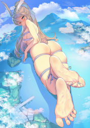 Rule 34 | 1girl, animal ears, ass, barefoot, blue eyes, blue nails, blush, breasts, brown hair, cloud, cloudy sky, commission, copyright request, feet, foot focus, foreshortening, giant, giantess, hair between eyes, hair ribbon, highres, large breasts, long hair, looking at viewer, mountain, nail polish, ocean, rabbit ears, rabbit girl, rabbit tail, ribbon, sideboob, sky, smile, soles, solo, strap, suerte, tail, thighs, toenail polish, toenails, toes