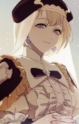 Rule 34 | 1girl, black hat, blonde hair, breasts, closed mouth, commentary, dress, earrings, fire emblem, fire emblem: three houses, frilled dress, frills, grey background, hat, jewelry, l0gman, lips, looking at viewer, medium breasts, mercedes von martritz, nintendo, own hands clasped, own hands together, purple eyes, see-through, short hair, simple background, smile, solo, upper body, veil