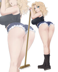 Rule 34 | 1girl, absurdres, ass, black tank top, blonde hair, blue eyes, blue shorts, blush, breasts, broom, full body, girls und panzer, highres, huaronanago, kay (girls und panzer), large breasts, long hair, looking at viewer, military uniform, open mouth, saunders military uniform, short shorts, shorts, simple background, solo, tank top, uniform, white background