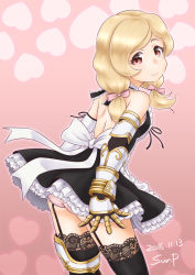 Rule 34 | 1girl, artist name, ass, back, backless dress, backless outfit, bare shoulders, black dress, black thighhighs, blonde hair, bow, dated, dress, elbow gloves, frilled dress, frills, from behind, garter straps, gauntlets, gloves, halterneck, heart, leaning forward, lolita fashion, low twintails, momokawa sasa, panties, pink background, pink eyes, pink panties, pink ribbon, polka dot, polka dot panties, ribbon, school girl strikers, short dress, solo, sunsun69, thighhighs, thighs, twintails, underwear, white gloves
