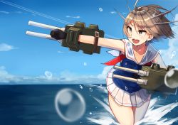 Rule 34 | &gt;:d, 10s, 1girl, :d, blue eyes, brown hair, day, kantai collection, maya (kancolle), open mouth, outdoors, plan (planhaplalan), pleated skirt, sailor collar, short hair, skirt, sleeveless, smile, solo, v-shaped eyebrows, white sailor collar, white skirt
