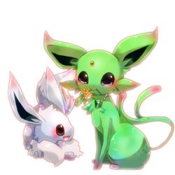 Rule 34 | alternate color, animal focus, black eyes, blush, closed mouth, creatures (company), eevee, espeon, flower, forehead jewel, full body, fur collar, game freak, gem, gen 1 pokemon, gen 2 pokemon, green flower, green gemstone, happy, holding, holding flower, jewelry, looking at another, looking at viewer, lowres, lying, mouth hold, necklace, nintendo, no humans, on stomach, open mouth, orange gemstone, pokemon, pokemon (creature), shiny pokemon, shira (sirairo116), simple background, sitting, smile, white background, yellow flower