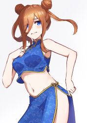 Rule 34 | 1girl, alternate costume, alternate hairstyle, bare arms, bare shoulders, blue eyes, blue shirt, blue skirt, blush, breasts, brown hair, chinese clothes, closed mouth, commentary request, crop top, cropped shirt, double bun, embarrassed, go-toubun no hanayome, hair between eyes, hair bun, hand on own chest, highres, hyoe (hachiechi), long bangs, long hair, long skirt, looking at viewer, medium breasts, midriff, nakano miku, navel, shirt, side slit, simple background, skirt, sleeveless, sleeveless shirt, solo