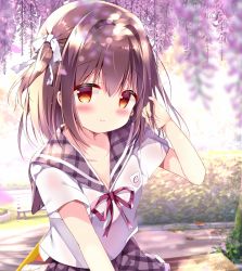 Rule 34 | 1girl, azumi kazuki, bench, blurry, blurry background, blurry foreground, blush, bow, brown eyes, brown hair, brown sailor collar, brown skirt, closed mouth, commentary request, day, depth of field, flower, hair between eyes, hair bow, hair intakes, hand in own hair, hand up, highres, long hair, looking at viewer, neck ribbon, original, outdoors, park bench, plaid, plaid sailor collar, plaid skirt, purple flower, red ribbon, ribbon, sailor collar, school uniform, serafuku, shirt, short sleeves, skirt, smile, solo, two side up, white bow, white shirt, wisteria