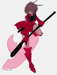 Rule 34 | 1girl, alternate color, aqua eyes, blush, boots, breasts, brown hair, chokuboron ryou, full body, gloves, halberd, holding, holding polearm, holding weapon, knee boots, konami kirie, long sleeves, looking at viewer, polearm, red footwear, red gloves, red shorts, short hair, shorts, simple background, standing, standing on one leg, transparent, transparent weapon, twitter username, weapon, white background, world trigger