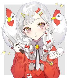 Rule 34 | 1girl, animal, bird, blush, bow, braid, brooch, cardigan, chicken, earrings, egg, food, hair bow, hair ornament, hairclip, highres, holding, holding egg, holding food, holding knife, jewelry, karo (karohroka), knife, long hair, long sleeves, open mouth, original, pink eyes, red bow, red cardigan, ring, simple background, single earring, sparkle, twin braids, two-tone background, upper body, watch, white hair, wristwatch