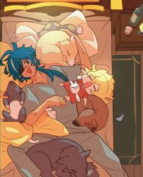 Rule 34 | 1boy, 1girl, :d, ^ ^, absurdres, ahoge, alternate costume, alternate hairstyle, bed, bed sheet, bedroom, black hair, blanket, blonde hair, bottle, cabinet, cat, closed eyes, collarbone, commentary, dark-skinned male, dark skin, dodoco (genshin impact), dog, drooling, english commentary, enpitsu01, eyepatch, fox, from above, genshin impact, glass, hair between eyes, hair down, highres, hot, kaeya (genshin impact), klee (genshin impact), long hair, low ponytail, lying, lying on person, hugging object, on back, open mouth, pajamas, pillow, pointy ears, short sleeves, sidelocks, size difference, sleeping, sleeping on person, smile, stuffed animal, stuffed toy, sweat, under covers, waking up, wine bottle