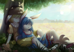Rule 34 | 2girls, absurdres, against tree, animal ears, baggy shorts, blonde hair, blue dress, blue hair, blue sky, rabbit ears, cloud, collarbone, dappled sunlight, day, dior-zi, dress, earclip, closed eyes, floppy ears, flower, hat, highres, house, lap pillow, lens flare, multiple girls, nose bubble, open mouth, puffy shorts, ringo (touhou), seiran (touhou), shirt, shorts, sitting, sky, sleeping, smile, sunlight, touhou, tree, yuri