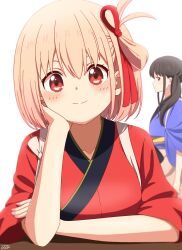 Rule 34 | 2girls, ama (ama ekaku), arm rest, arms on table, black hair, blonde hair, blue kimono, blush, bob cut, closed mouth, commentary request, elbow rest, hair ribbon, head rest, highres, inoue takina, japanese clothes, kimono, long hair, looking at viewer, lycoris recoil, multiple girls, nishikigi chisato, purple eyes, red eyes, red kimono, red ribbon, ribbon, short hair, simple background, smile, split mouth, upper body, white background