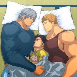 Rule 34 | 3boys, bara, between pectorals, biceps, black hair, blush, brown hair, facial hair, grey hair, height difference, highres, large pectorals, long sideburns, long sleeves, looking at another, looking down, looking up, lying, male focus, manly, mature male, multiple boys, muscular, muscular male, on side, original, pectorals, pillow, shirt, short hair, shorts, sideburns, size difference, smirk, spiked hair, stubble, stuffed animal, stuffed toy, sweat, sweatdrop, ta koazuma, tank top, teeth, thick arms, tight clothes, yaoi