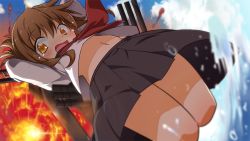 Rule 34 | 10s, 1girl, brown eyes, brown hair, close-up, dress, explosion, from below, inazuma (kancolle), kantai collection, machinery, navel, open mouth, personification, sailor dress, school uniform, serafuku, solo, tears, turret, water, yuto (dialique)