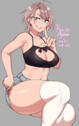 Rule 34 | 1girl, 2021, agawa ryou, ahoge, bare shoulders, breasts, brown hair, cleavage, commentary, dated, flower tattoo, green eyes, grey background, grin, large breasts, leg tattoo, looking at viewer, original, short hair, signature, simple background, sitting, smile, solo, tattoo, thick thighs, thighhighs, thighs, white thighhighs