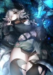 Rule 34 | 1girl, absurdres, amatsuji, animal, arknights, black shirt, black thighhighs, blurry, blurry background, braid, brown eyes, bug, butterfly, closed mouth, commentary request, crocodilian tail, depth of field, flower, gloves, goggles, grey gloves, grey hair, hair over one eye, hand up, highres, hood, hood up, insect, long sleeves, looking at viewer, lying, on back, on grass, partially fingerless gloves, pointy ears, puffy long sleeves, puffy sleeves, shirt, solo, tail, thighhighs, thighs, tomimi (arknights), torn clothes, torn thighhighs, white flower