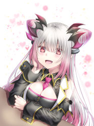 Rule 34 | 1girl, nanashi inc., :d, bad id, bad pixiv id, between breasts, black sleeves, black vest, blush, breasts, cleavage cutout, clothing cutout, collar, commentary request, cone hair bun, demon girl, double bun, gradient hair, hair bun, hair intakes, hand on own cheek, hand on own face, hand on table, headpiece, heart, heart background, honey strap, large breasts, long hair, looking at viewer, multicolored hair, necktie, necktie between breasts, open clothes, open mouth, open vest, pink hair, pink necktie, pointy ears, red eyes, sidelocks, silver hair, smile, solo, suou patra, table, two-tone hair, upper body, very long hair, vest, virtual youtuber, white background, wrist cuffs, yuihira asu