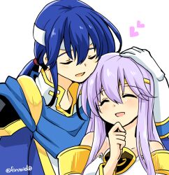 Rule 34 | 1boy, 1girl, bare shoulders, blue hair, brother and sister, circlet, closed eyes, dress, fire emblem, fire emblem: genealogy of the holy war, headband, heart, julia (fire emblem), laughing, long hair, nintendo, open mouth, ponytail, purple hair, seliph (fire emblem), siblings, simple background, white headband, yukia (firstaid0)