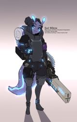 Rule 34 | 1girl, ammunition, ammunition belt, antennae, armband, armor, autocannon, backpack, bag, bioluminescence, black footwear, black hair, blue eyes, blue skin, body armor, boots, cannon, character name, character profile, colored skin, english text, facial mark, female focus, full body, gameplay mechanics, glowing, gun, helm, helmet, high heel boots, high heels, highres, long hair, long sleeves, looking at viewer, military, monster girl, moyo (rimworld), ponytail, rimworld, shuuko (s h uuko), simple background, smile, solo, standing, tail, unworn headwear, unworn helmet, weapon