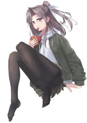 Rule 34 | 1girl, absurdres, black pantyhose, box, brown eyes, chocolate, commentary request, dress, fei (feikotake), grey hair, grey jacket, grey skirt, hair ribbon, heart, high ponytail, highres, hood, hooded sweater, hoodie, invisible chair, jacket, kantai collection, long hair, looking at viewer, mouth hold, official alternate costume, pantyhose, pleated dress, ribbon, simple background, sitting, skirt, solo, sweater, white background, white sweater, zuihou (kancolle)