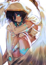 Rule 34 | 1boy, black hair, blue eyes, blue hair, braid, cloak, detached sleeves, feathered wings, feathers, fetal position, gem, genshin impact, glowing, glowing tattoo, gradient hair, hair over one eye, highres, hood, hood up, hooded cloak, hugging own legs, long sleeves, looking at viewer, male focus, multicolored hair, owowow0, simple background, single thighhigh, smile, solo, tattoo, thighhighs, trap, twin braids, venti (archon) (genshin impact), venti (genshin impact), white background, white cloak, white thighhighs, wings