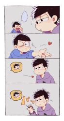 Rule 34 | 10s, 2boys, :d, ^^^, ^ ^, anger vein, bad id, bad pixiv id, black hair, blank speech bubble, blowing kiss, brothers, clenched hand, closed eyes, comic, crushing, grey background, half-closed eyes, heart, highres, hood, hood down, hoodie, long sleeves, looking at another, lya (16335575), male focus, matsuno ichimatsu, matsuno karamatsu, multiple boys, one eye closed, open mouth, osomatsu-kun, osomatsu-san, osomatsu (series), pointing, pointing forward, print shirt, scared, shirt, siblings, silent comic, smile, speech bubble, tears