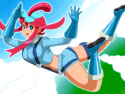 Rule 34 | 1girl, ass, blue eyes, blush, boots, breasts, cleavage, creatures (company), game freak, gloves, gym leader, highres, nintendo, pokemon, red hair, skyla (pokemon), smile, solo, suspenders