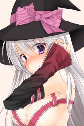 Rule 34 | 1girl, artist request, ayachi nene, black hat, blush, bow, breasts, detached sleeves, hat, highres, long hair, looking at viewer, medium breasts, purple eyes, ribbon, sanoba witch, sideboob, silver hair, solo, witch hat