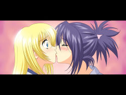 Rule 34 | 00s, 2girls, anamorphic, blonde hair, blue eyes, blush, colette brunel, closed eyes, fujibayashi sheena, kiss, letterboxed, multiple girls, pink background, purple hair, surprised, tales of (series), tales of symphonia, wallpaper, yuri