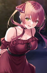 Rule 34 | 1girl, blush, breasts, cleavage, collar, collarbone, dress, hair between eyes, hair ribbon, heterochromia, highres, hololive, houshou marine, long hair, medium breasts, off-shoulder dress, off shoulder, open mouth, primamiya, red eyes, red hair, ribbon, solo, twintails, virtual youtuber, yellow eyes