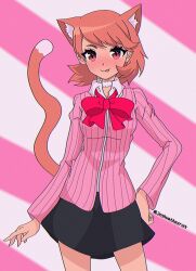 Rule 34 | 1girl, animal ear fluff, animal ears, black skirt, blush, bow, bowtie, breasts, brown eyes, brown hair, cardigan, cat ears, cat girl, cat tail, choker, closed mouth, collared shirt, commentary, cowboy shot, gekkoukan high school uniform, hand on own hip, heart, heart choker, highres, joshuathefruit, long sleeves, looking at viewer, loose bowtie, medium breasts, miniskirt, persona, persona 3, pink cardigan, pleated skirt, red bow, red bowtie, ribbed cardigan, school uniform, shirt, short hair, skirt, smile, solo, symbol-only commentary, tail, takeba yukari, tongue, tongue out, twitter username, white choker, white shirt