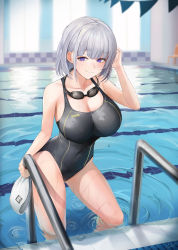 Rule 34 | 1girl, bare arms, bare shoulders, beruko14, black one-piece swimsuit, blue eyes, blush, breasts, cleavage, closed mouth, collarbone, competition swimsuit, girls&#039; frontline, goggles, goggles around neck, grey hair, hat, highres, large breasts, looking at viewer, one-piece swimsuit, pool, purple eyes, rpk-16 (girls&#039; frontline), short hair, smile, solo, swimsuit, thighs, unworn hat, unworn headwear, unworn swim cap, wet, white hair
