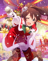 Rule 34 | 10s, 1girl, ;d, artist request, bell, neck bell, blue eyes, blush, boots, brown hair, christmas, christmas ornaments, christmas tree, collar, female focus, hair ornament, idolmaster, idolmaster million live!, lens flare, microphone, official art, one eye closed, open mouth, ponytail, santa costume, satake minako, smile, solo, thighhighs, wink