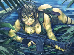 Rule 34 | 1girl, ass, assault rifle, breasts, camouflage, cleavage, fingerless gloves, gloves, gun, konchiki, large breasts, lying, m4 carbine, rifle, short hair, solo, weapon