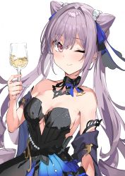Rule 34 | 1girl, absurdres, bare shoulders, beads, black dress, breasts, cleavage, clothing cutout, cone hair bun, cup, detached collar, detached sleeves, dress, drinking glass, genshin impact, hair bun, hair ribbon, hand up, highres, holding, keqing (genshin impact), keqing (opulent splendor) (genshin impact), long hair, looking at viewer, medium breasts, one eye closed, pink eyes, purple hair, ribbon, smile, solo, strapless, strapless dress, twintails, underboob cutout, upper body, wine glass, xkirara39x