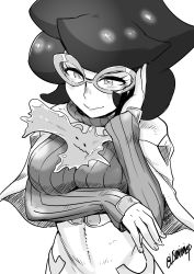 Rule 34 | 1girl, absurdres, adjusting eyewear, between breasts, big hair, blush, breast hold, breasts, capelet, chouku tetsushitsuiwa, closed mouth, cowboy shot, creatures (company), ditto, eyelashes, fingernails, game freak, gen 1 pokemon, glasses, greyscale, hand up, high-waist skirt, highres, large breasts, long sleeves, looking at viewer, monochrome, nintendo, pokemon, pokemon (creature), pokemon sm, ribbed sweater, short hair, signature, simple background, skirt, sleeves past wrists, smile, sweater, turtleneck, turtleneck sweater, twitter username, wavy mouth, white background, wicke (pokemon)