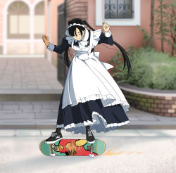Rule 34 | 1girl, apron, black hair, blurry, blurry background, long hair, maid, maid apron, maid headdress, original, outdoors, pantyhose, shoes, skateboard, skateboarding, sneakers, solo, suzushiro (suzushiro333), twintails