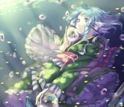 Rule 34 | 1girl, air bubble, bad id, bad pixiv id, blue eyes, blue hair, bubble, commentary request, curly hair, expressionless, fins, frills, head fins, highres, japanese clothes, kimono, long sleeves, matching hair/eyes, mermaid, monster girl, obi, sash, shinigami (pixiv4727902), solo, touhou, underwater, wakasagihime, wide sleeves