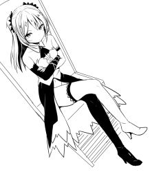 Rule 34 | 1girl, asymmetrical footwear, crossed arms, crossed legs, greyscale, long hair, mismatched footwear, monochrome, navel, simple background, sitting, solo, thighhighs, white background, zaxwu