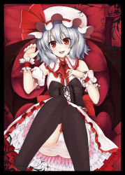 Rule 34 | 1girl, :d, absurdres, bare shoulders, bat wings, bed, black thighhighs, blue hair, blush, border, cameltoe, embellished costume, female focus, fingernails, hat, highres, looking at viewer, lying, on back, open mouth, panties, panty pull, petticoat, pillow, red eyes, remilia scarlet, short hair, silver hair, slit pupils, smile, solo, thighhighs, touhou, underwear, utakata (kochou no yume), white panties, wings, wrist cuffs