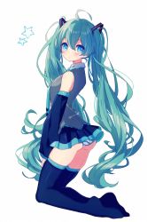 Rule 34 | 1girl, ahoge, blue eyes, detached sleeves, from side, green hair, hatsune miku, kneeling, long hair, looking at viewer, necktie, panties, rinndouk, simple background, skindentation, skirt, solo, striped clothes, striped panties, thighhighs, twintails, underwear, very long hair, vocaloid, white background