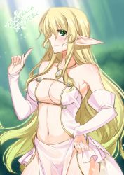 Rule 34 | 1girl, bare shoulders, blonde hair, breasts, closed mouth, commentary request, detached sleeves, dress, elf, green eyes, hair between eyes, hand on own hip, hand up, index finger raised, jewelry, konshin, large breasts, long hair, long sleeves, looking at viewer, navel, necklace, original, pelvic curtain, pink dress, pointy ears, smile, solo, translation request, very long hair