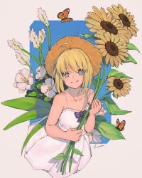Rule 34 | 1girl, ahoge, animal, artoria pendragon (all), artoria pendragon (fate), bare arms, bare shoulders, blonde hair, blue bow, bow, bright pupils, bug, butterfly, closed mouth, collarbone, dress, fate/stay night, fate (series), flat chest, flower, hat, holding, holding flower, insect, lanzi (415460661), leaf, looking at viewer, saber (fate), short hair, signature, sleeveless, sleeveless dress, smile, spaghetti strap, straw hat, sundress, sunflower, two-tone background, upper body, water drop, white dress