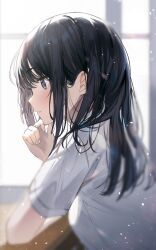 Rule 34 | 1girl, aroa (aroamoyasi), black eyes, black hair, blurry, closed mouth, commentary request, from side, hand on own chin, highres, indoors, long hair, original, profile, school uniform, shirt, short sleeves, solo, uniform, upper body, white shirt, window