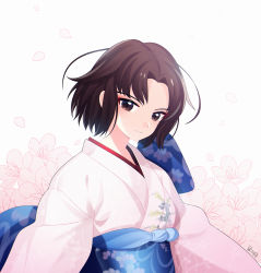 Rule 34 | 1girl, absurdres, brown eyes, brown hair, fate/grand order, fate (series), highres, japanese clothes, kimono, loggi, looking at viewer, obi, ryougi shiki, sash, short hair, simple background, solo, upper body