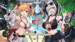 Rule 34 | 2girls, amiya (arknights), animal ear fluff, animal ears, arknights, bare arms, bare shoulders, bikini, black bikini, black hair, blonde hair, breasts, character doll, cleavage, clothes around waist, commentary request, doctor (arknights), eyewear on head, fang, feater (arknights), front-tie bikini top, front-tie top, hair ornament, hair over one eye, hand up, highres, ifrit (arknights), ifrit (sunburn) (arknights), indoors, jacket, jacket around waist, kal&#039;tsit (arknights), large breasts, long sleeves, medium breasts, miniskirt, multicolored hair, multiple girls, navel, off shoulder, official alternate costume, open clothes, open jacket, panda ears, pleated skirt, red eyes, short hair, silver hair, skin fang, skirt, sora (arknights), sora (summer flowers) (arknights), stomach, streaked hair, sunglasses, swimsuit, toyoharu, twintails, upper body, v, white bikini, white jacket, white skirt, wolf ears