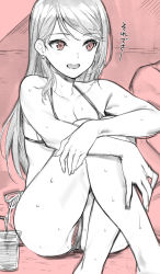 Rule 34 | 1boy, 1girl, bare shoulders, bikini, bikini bottom aside, breasts, censored, clothing aside, collarbone, commentary request, earrings, greyscale with colored background, hair behind ear, halterneck, highres, hugging own legs, jewelry, long hair, medium breasts, mosaic censoring, open mouth, original, panties, panties aside, pussy, side-tie bikini bottom, sketch, solo focus, sweat, swept bangs, swimsuit, thighs, translation request, tsukimoto kizuki, underwear, wardrobe malfunction
